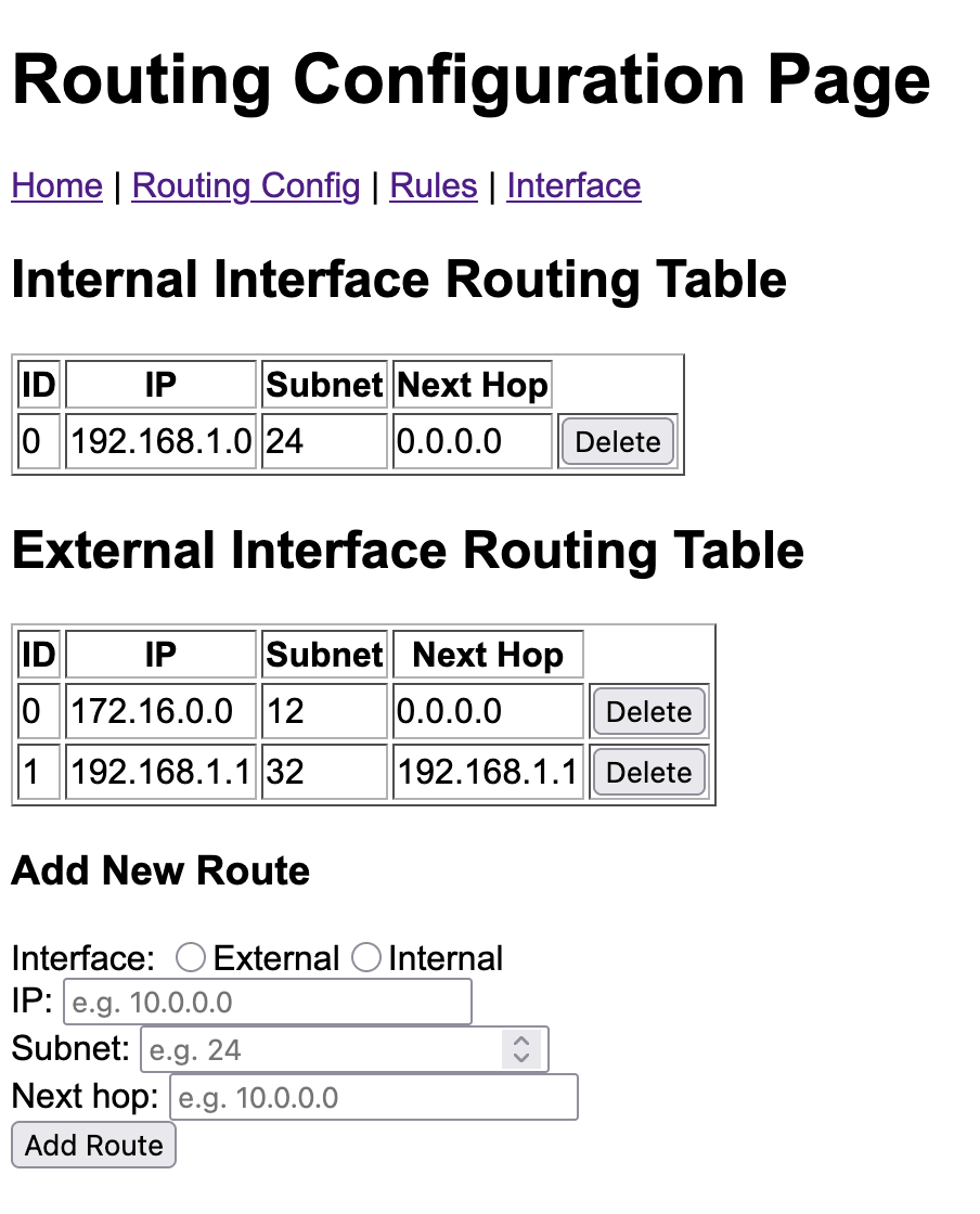 Webserver GUI routing table page
